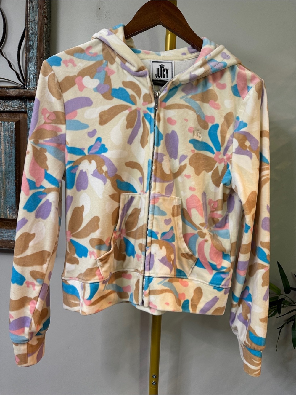 Juicy Couture velour floral Pastel Multi-Color Zip-Up Hoodie EUC M